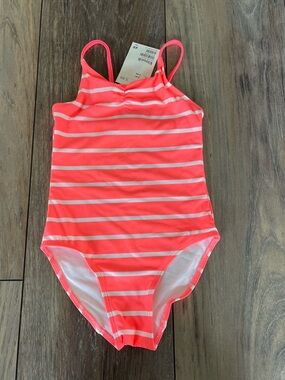H&M Neon Coral & White Striped Girls One-Piece Swimsuit NWT size 2-4 years